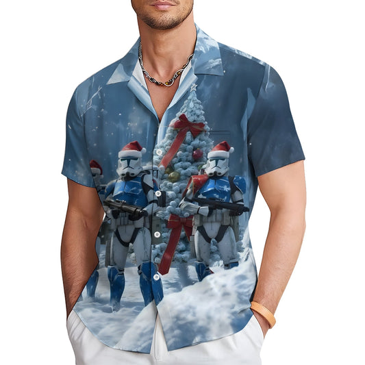 Christmas Cartoon Space Warrior Santa Claus Print Short Sleeve Shirt 2412005904