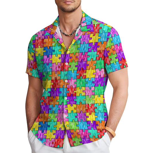 Men's Colorful Puzzle Print Casual Short Sleeve Shirt 2412006001