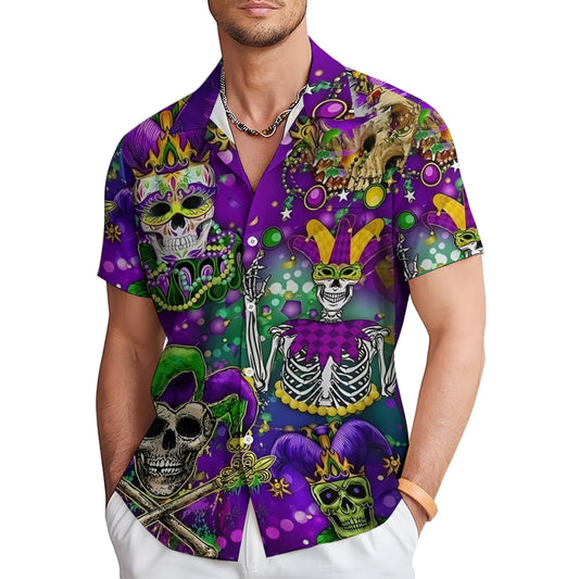 Mardi Gras Skull Art Print Casual Short Sleeve Shirt 2412005987
