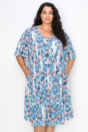 13 PSS {Unbeatable Sight} Blue/Coral Print V-Neck Dress EXTENDED PLUS SIZE 3X 4X 5X
