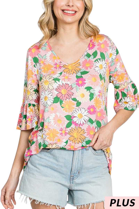 13 PQ-A {Ever Bloom} Pink Floral V-Neck Top PLUS SIZE XL 2X 3X