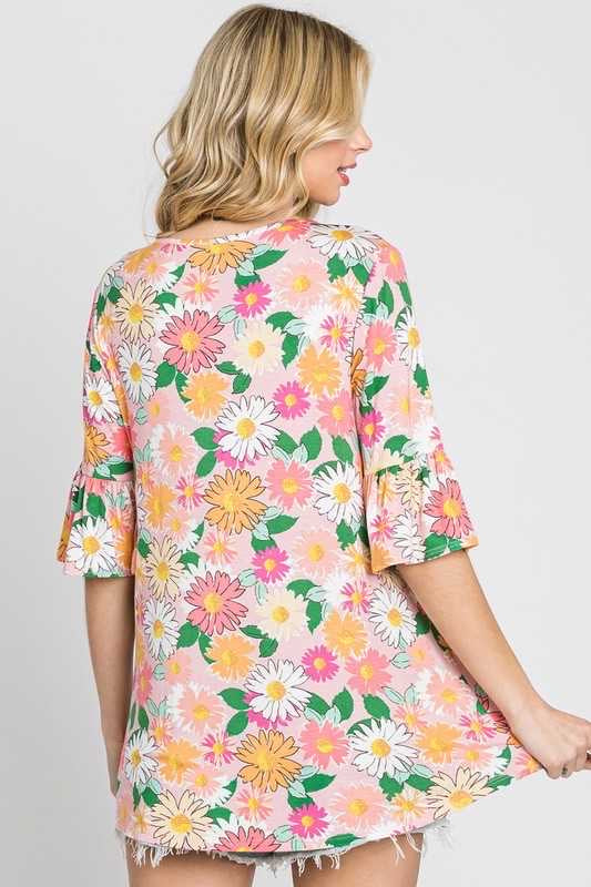 13 PQ-A {Ever Bloom} Pink Floral V-Neck Top PLUS SIZE XL 2X 3X