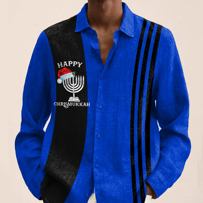 Hanukkah Holder Print Men's Holiday Bowling Long Sleeve Shirt