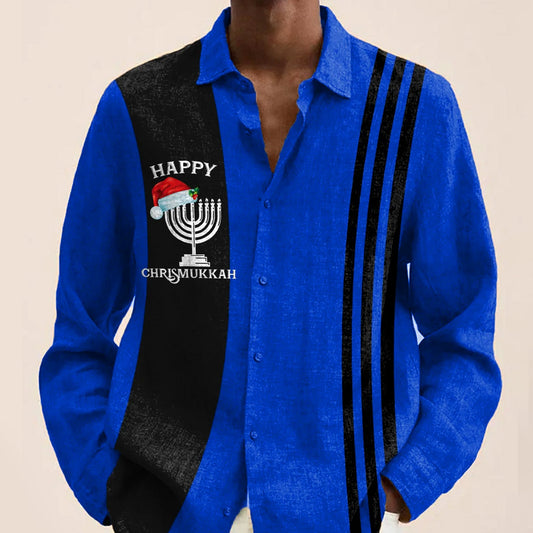 Hanukkah Holder Print Men's Holiday Bowling Long Sleeve Shirt