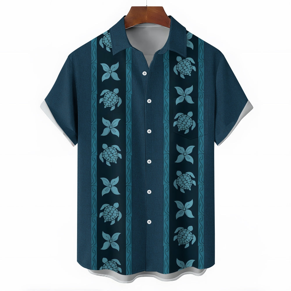 Retro Sea Turtles Floral Bowling Print Textured Men's Button Pocket Shirt