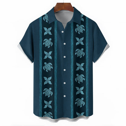 Retro Sea Turtles Floral Bowling Print Textured Men's Button Pocket Shirt