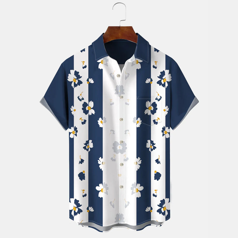Plant Flower Button Pocket Casual 50S Bowling Commuter Short Sleeve Shirt
