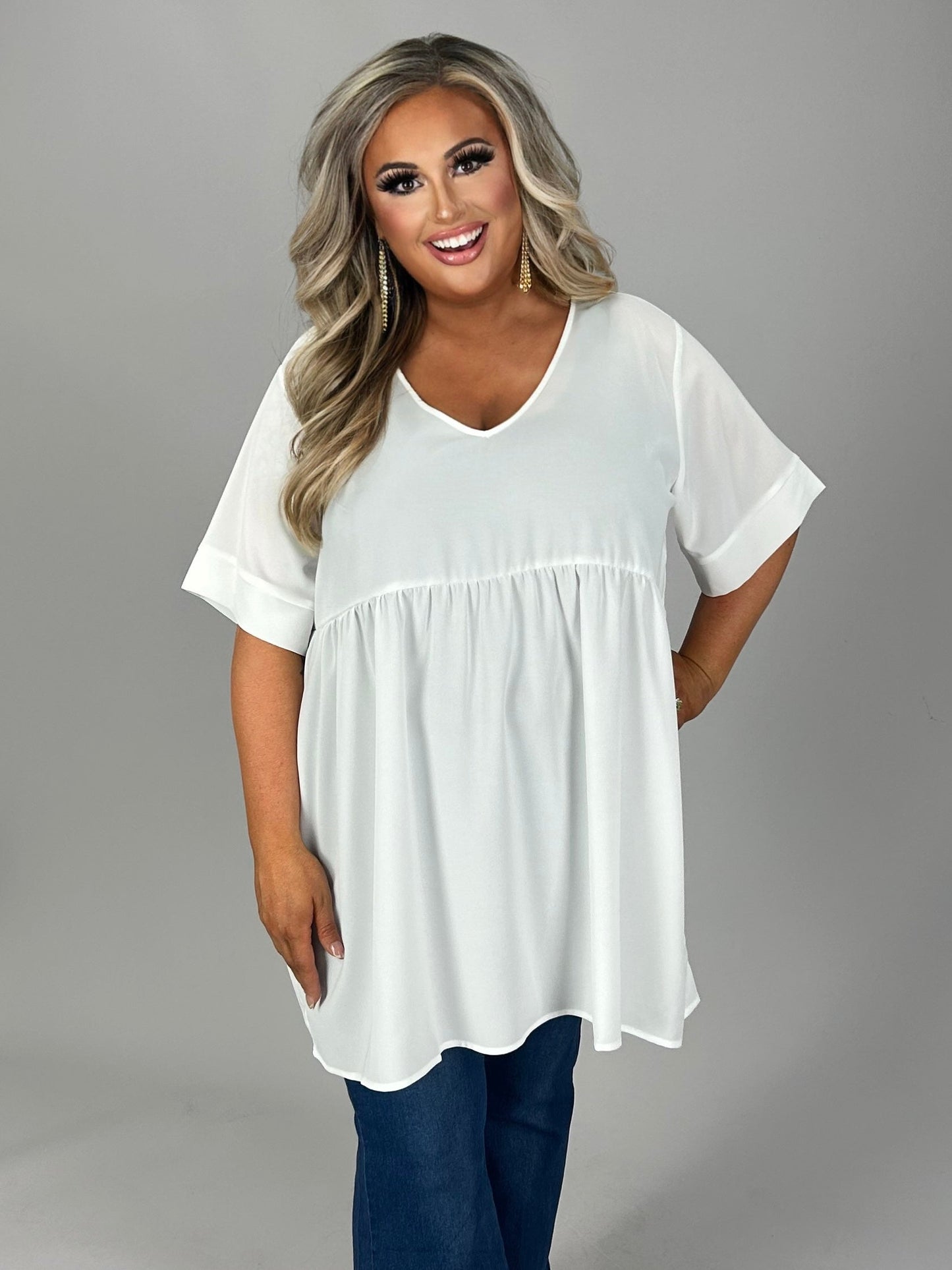 28 SSS {Hometown Hero} Ivory V-Neck Babydoll Top PLUS SIZE 1X 2X 3X