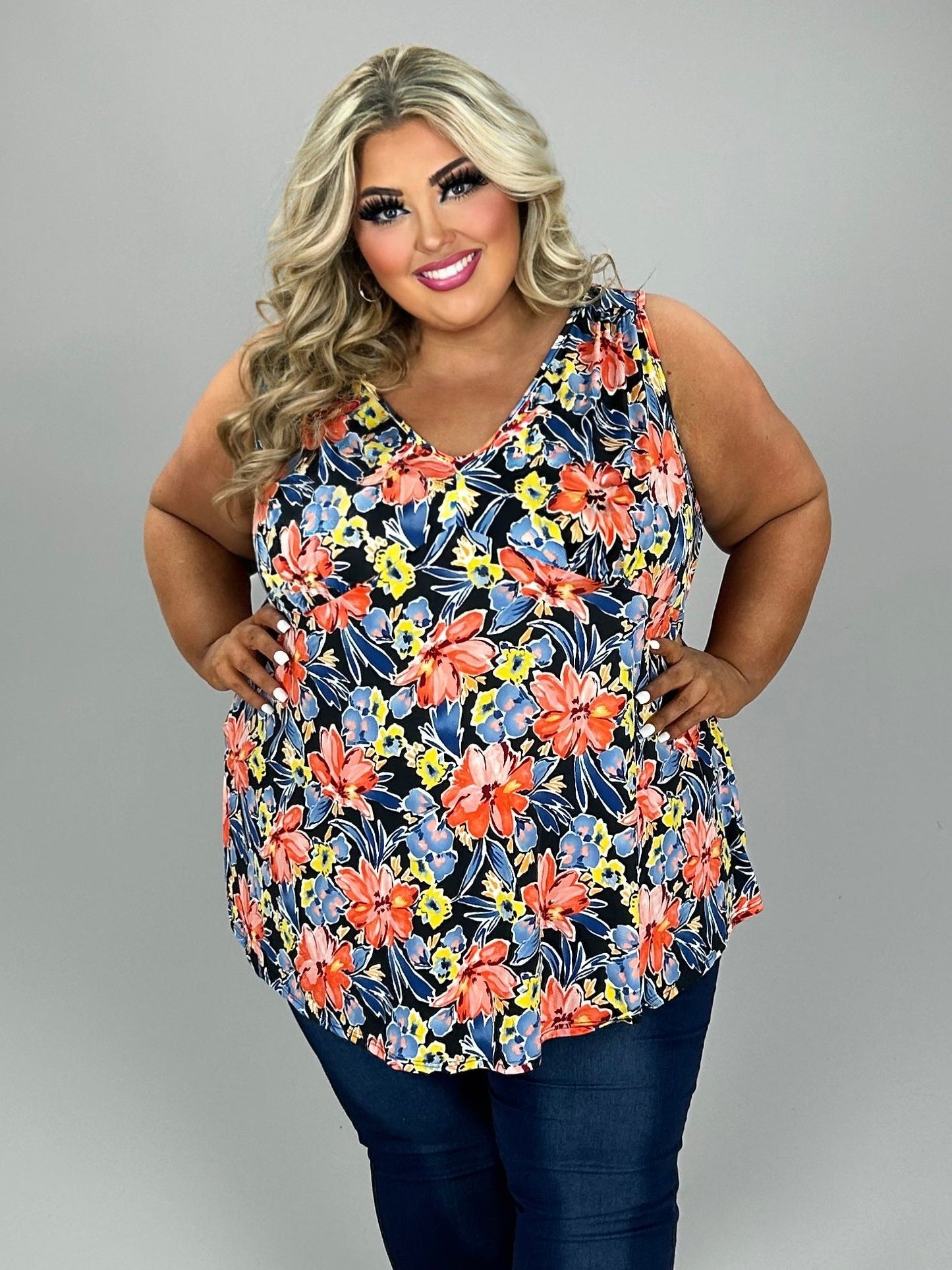 46 SV {Count On Me} Black/Coral Floral V-Neck Top w/Tie EXTENDED PLUS SIZE 4X 5X 6X