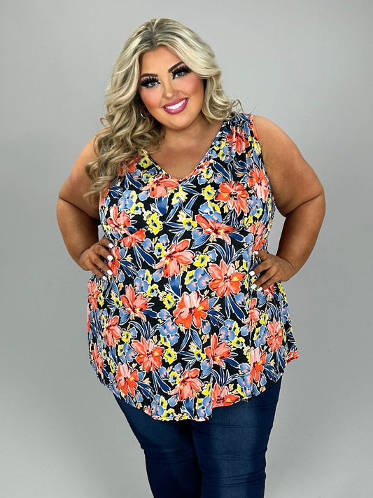 46 SV {Count On Me} Black/Coral Floral V-Neck Top w/Tie EXTENDED PLUS SIZE 4X 5X 6X