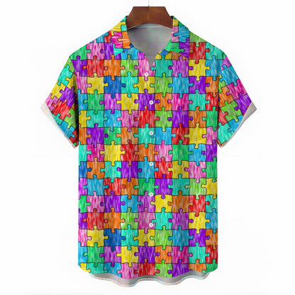 Men's Colorful Puzzle Print Casual Short Sleeve Shirt 2412006001