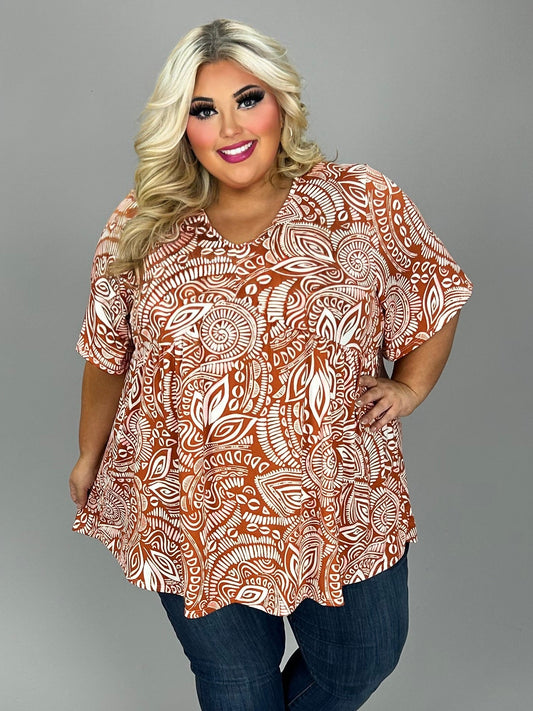 59 PSS {Becoming An Icon} Rust Multi Print V-Neck Top EXTENDED PLUS SIZE 3X 4X 5X