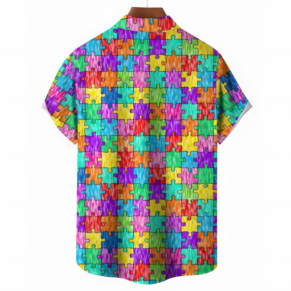 Men's Colorful Puzzle Print Casual Short Sleeve Shirt 2412006001