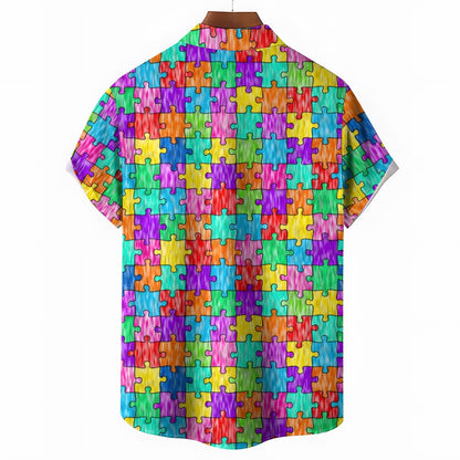 Men's Colorful Puzzle Print Casual Short Sleeve Shirt 2412006001