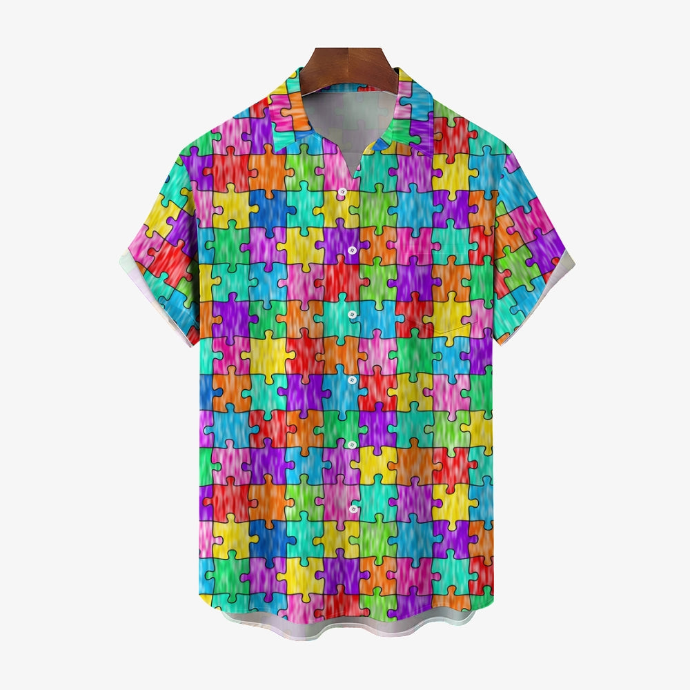 Men's Colorful Puzzle Print Casual Short Sleeve Shirt 2412006001