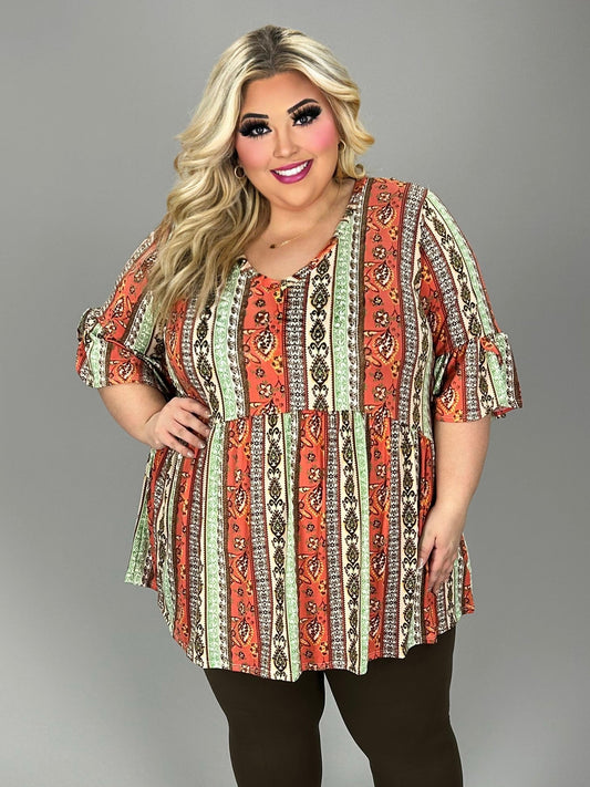 34 PQ [Pumpkin Fair} Orange Green Paisley Babydoll Tunic EXTENDED PLUS SIZE 1X  2X 3X 4X 5X