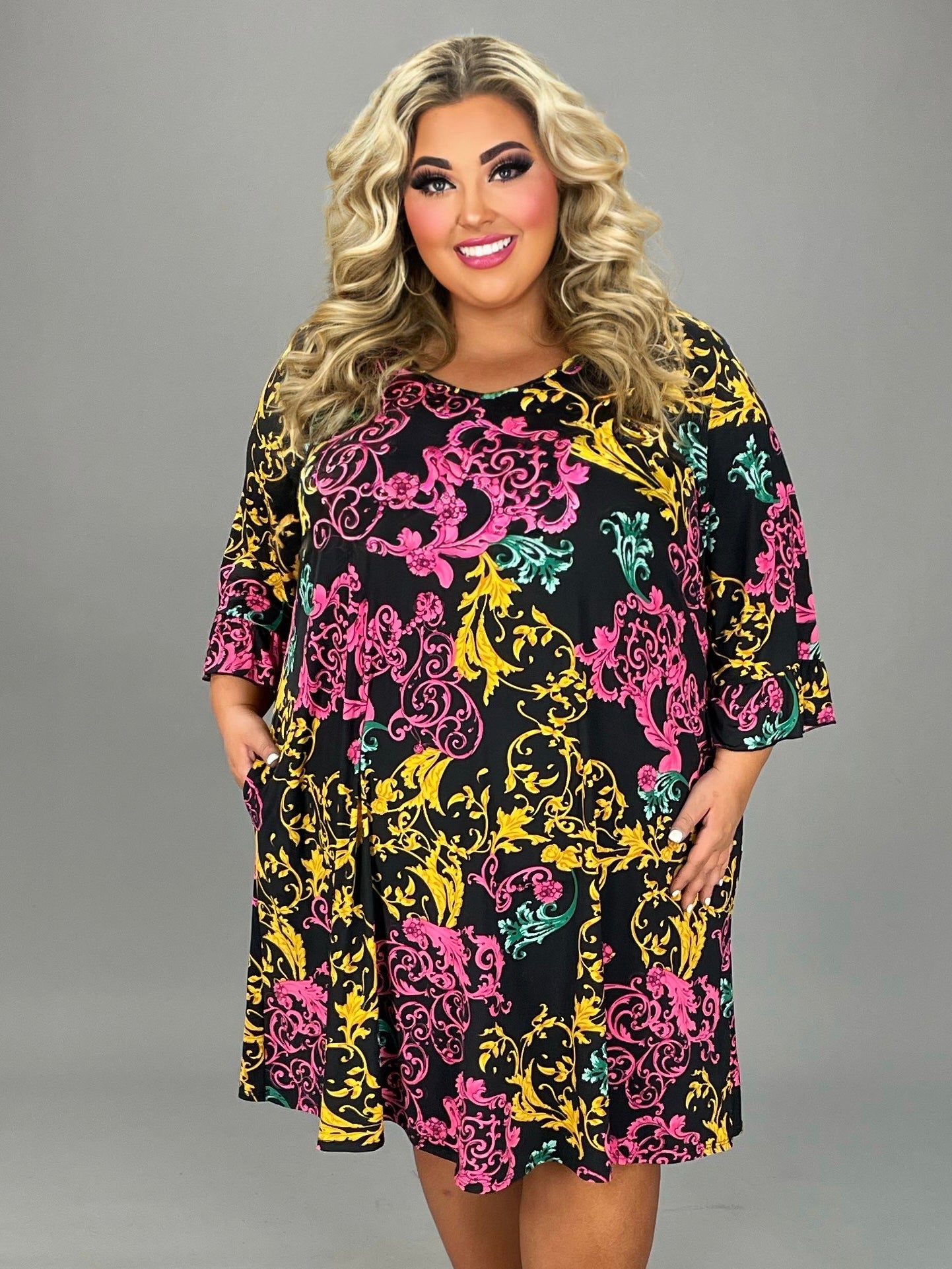 22 PQ-A {Change Your Life} Black Damask Print V-Neck Dress EXTENDED PLUS SIZE 4X 5X 6X