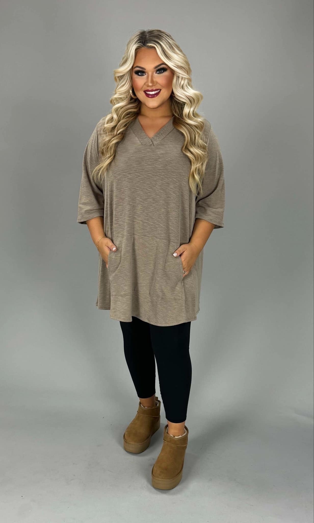 37 HD {Day In My Life} Taupe V-Neck Hoodie w/Kangaroo Pocket CURVY BRAND!!! EXTENDED PLUS SIZE 3X 4X 5X  (May Size Down 1 Size)
