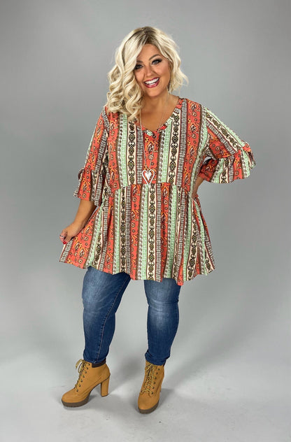 34 PQ [Pumpkin Fair} Orange Green Paisley Babydoll Tunic EXTENDED PLUS SIZE 1X  2X 3X 4X 5X