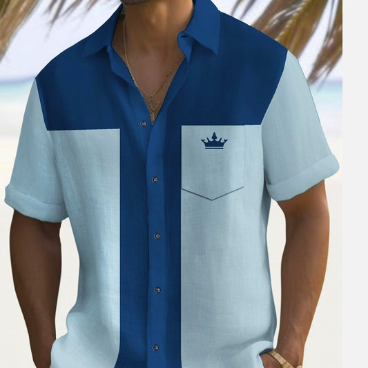 Vintage Bowling Crown Print Men's Chest Pocket Stretch Hawaiian Shirt