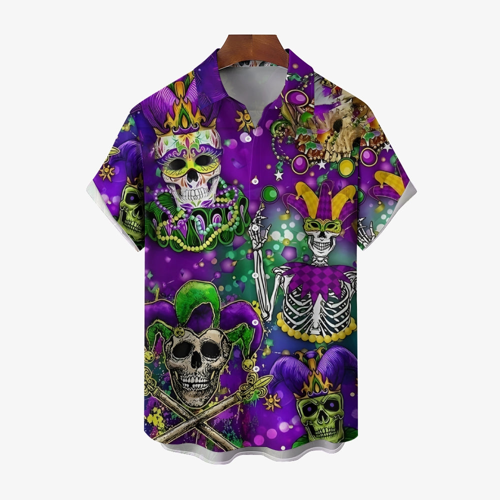 Mardi Gras Skull Art Print Casual Short Sleeve Shirt 2412005987
