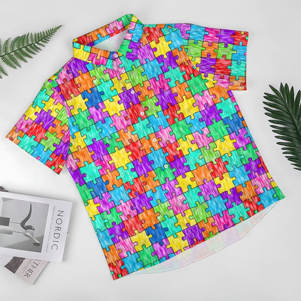 Men's Colorful Puzzle Print Casual Short Sleeve Shirt 2412006001