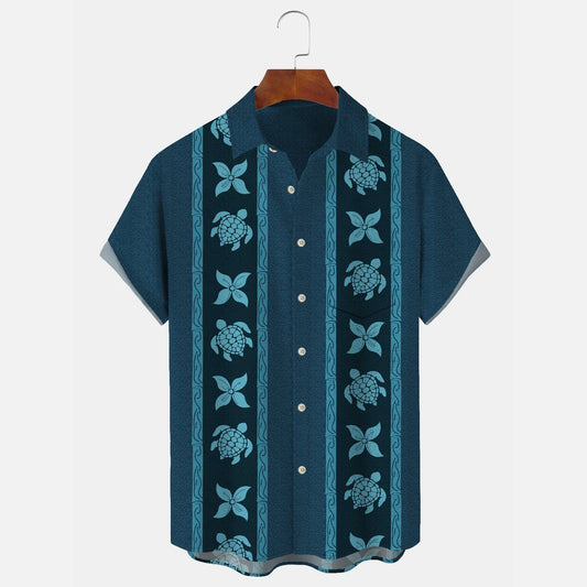 Retro Sea Turtles Floral Bowling Print Textured Men's Button Pocket Shirt