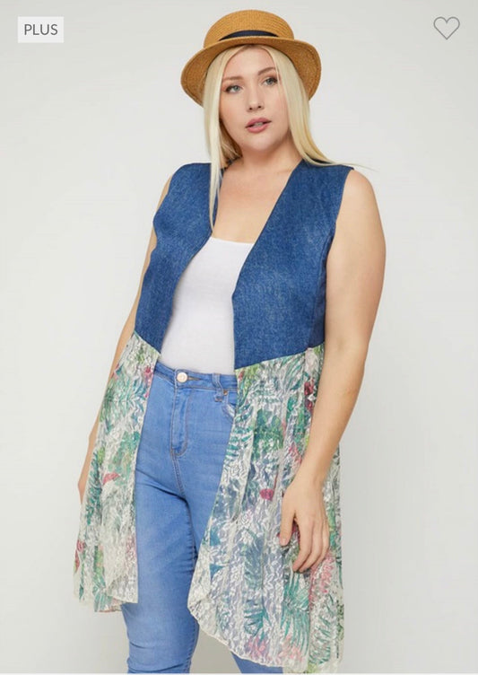 33 OT-Y {Time To Dress Up} Denim/Tropical Lace Vest PLUS SIZE XL 2X 3X